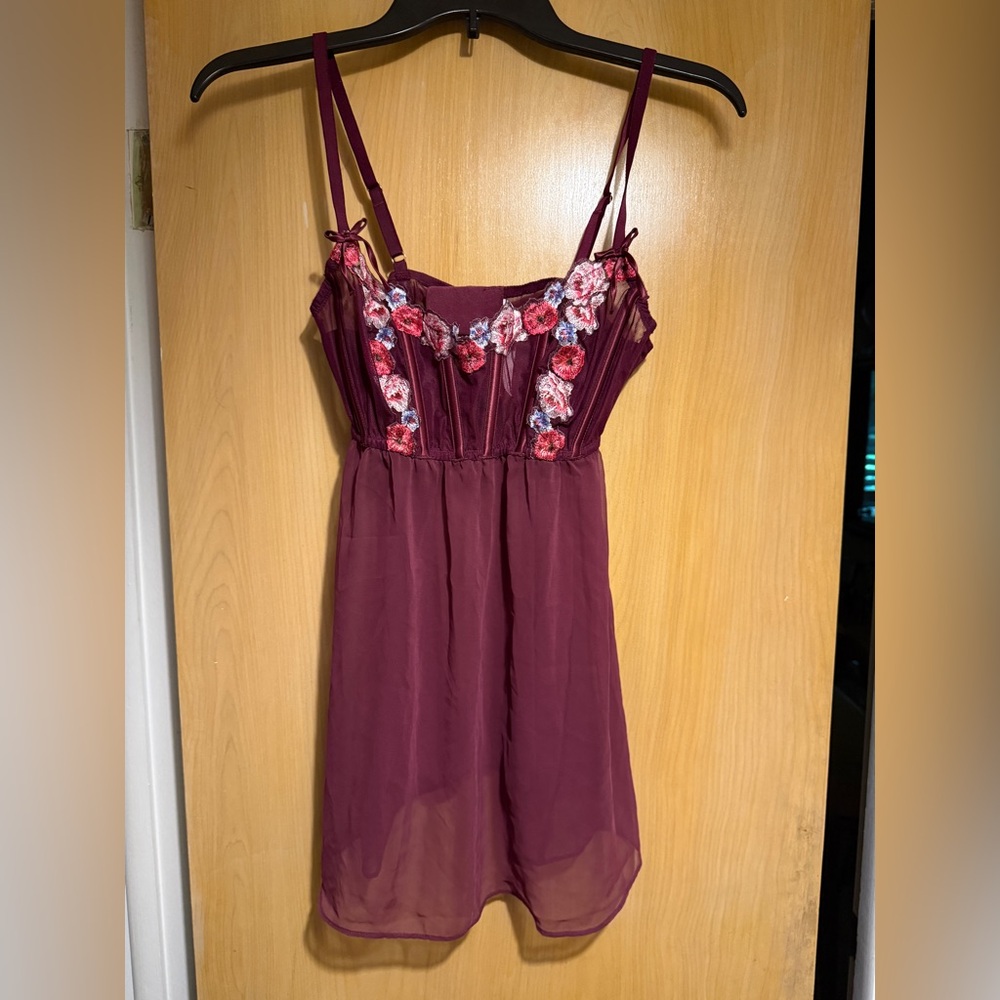 Victoria’s Secret Floral Embroidered Burgundy Babydoll Lingerie Dress Size L